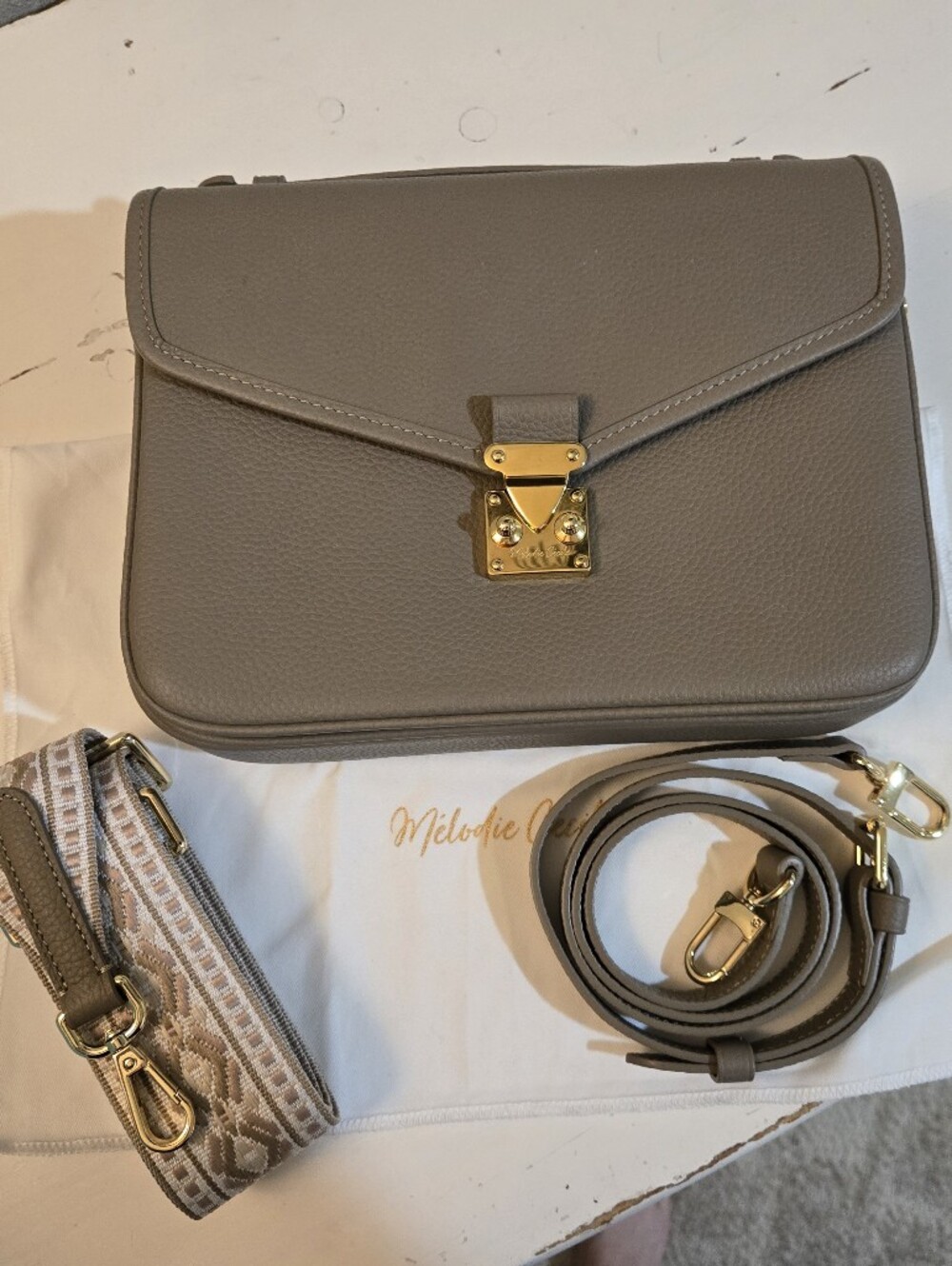 DUYP - Paris15 Taupe Leather Crossbody Bag with Gold Hardware